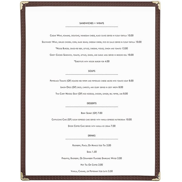 A brown Choice menu cover for an 8 1/2" x 11" menu.