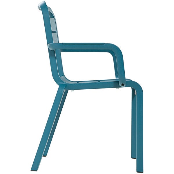 A blue Grosfillex outdoor armchair with armrests.