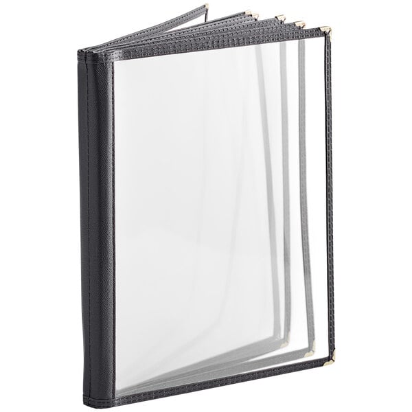 A black Choice menu cover with six clear plastic pockets.