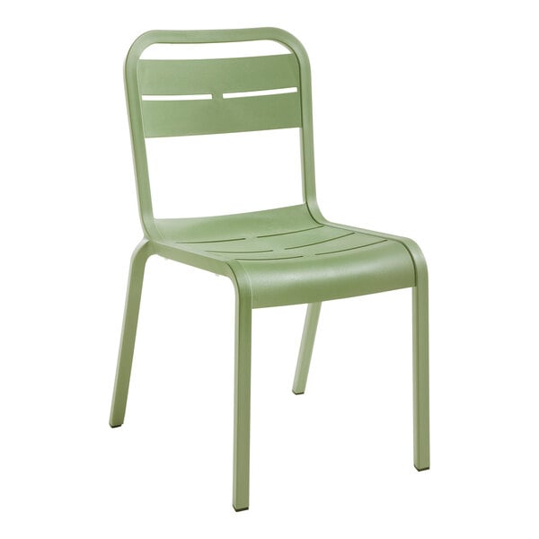 A sage green Grosfillex plastic outdoor sidechair.