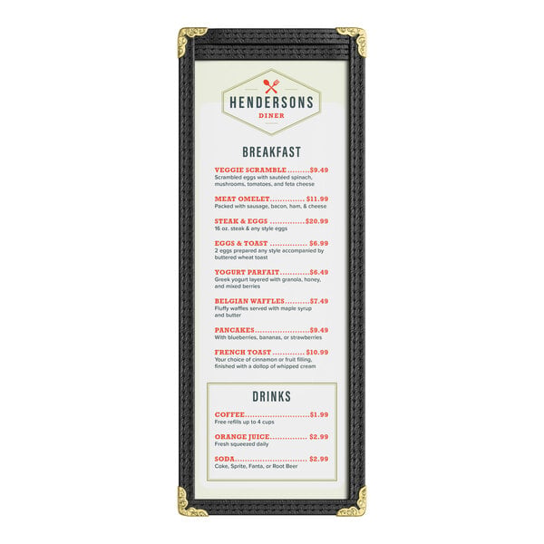A black 2-view single pocket menu cover with gold corner accents displaying a breakfast and drinks menu.