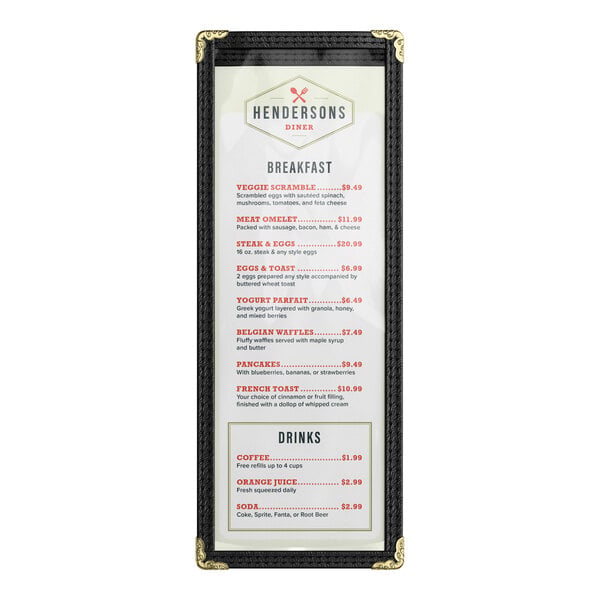 Choice 4 1/4" x 11" Black 2-View Single Pocket Menu Cover