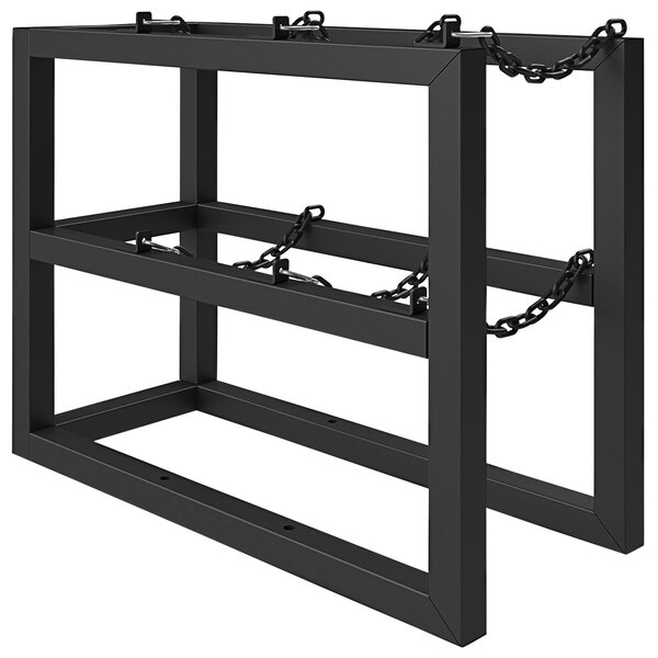 A black metal Durham Manufacturing gas cylinder rack with chains attached.