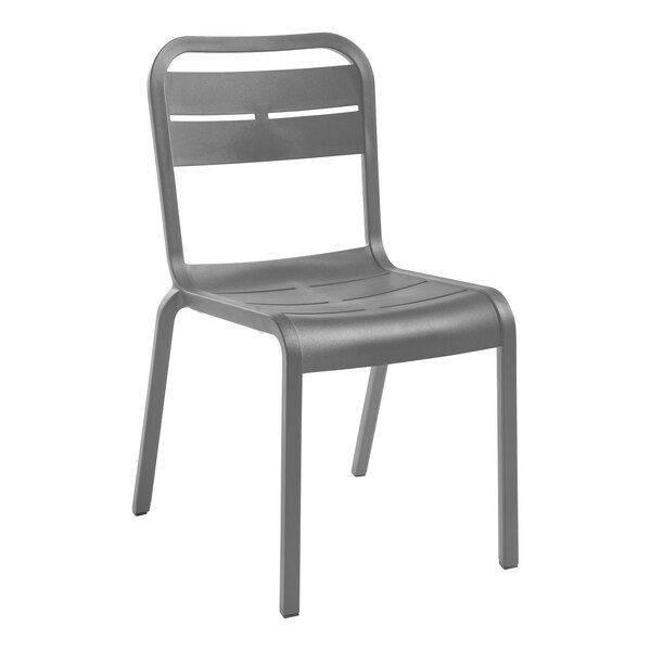 A grey plastic Grosfillex Cannes outdoor sidechair with a back.