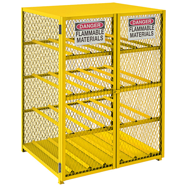 A yellow metal Durham Manufacturing horizontal gas cylinder cabinet with self-closing doors.