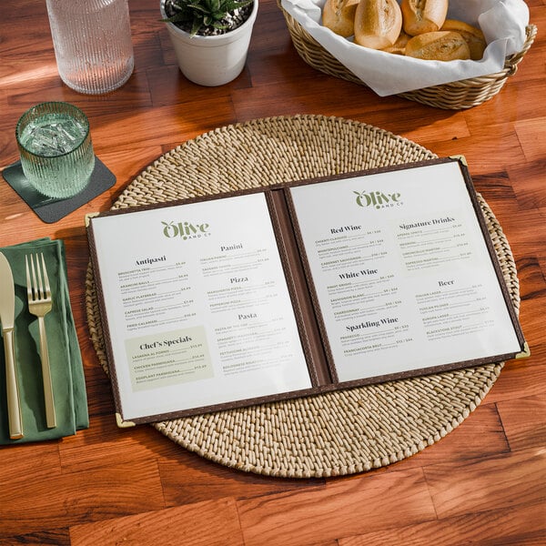 Choice 8 1/2" x 11" Brown 4-View Double Pocket Menu Cover