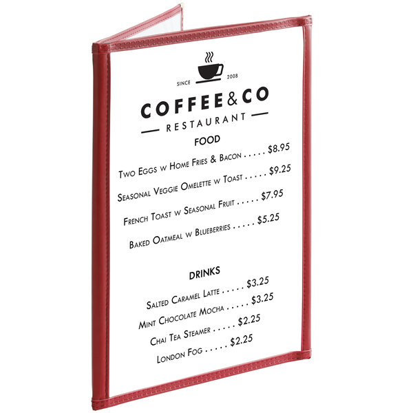 A burgundy Choice trifold menu cover with three pockets and six views.