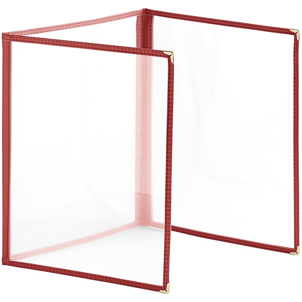 A burgundy plastic menu cover with three clear pockets.