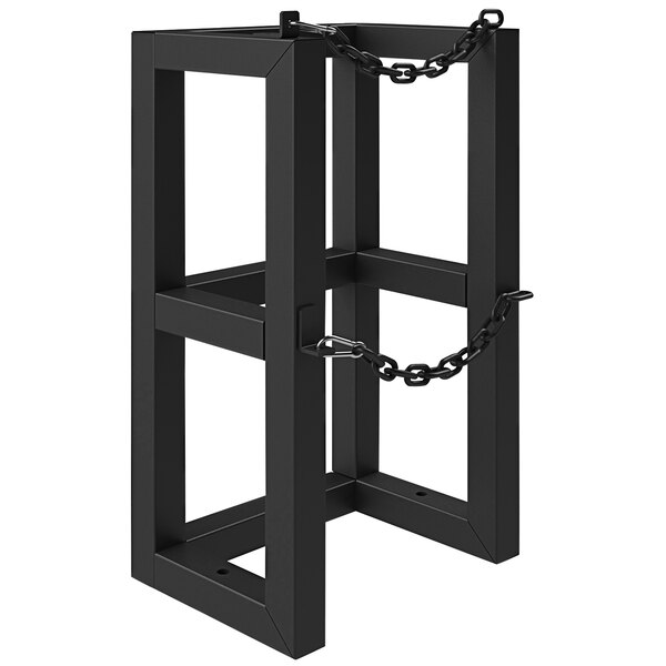 A black metal Durham Mfg gas cylinder rack with chains on it.