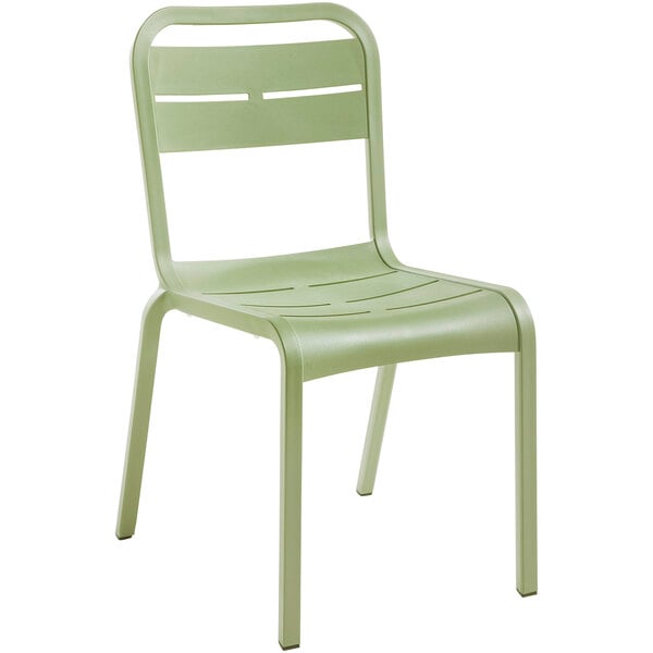 A sage green resin Grosfillex outdoor sidechair.