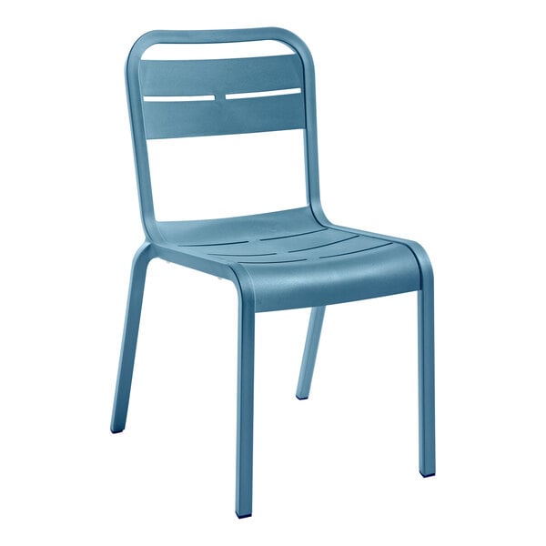 A blue resin Grosfillex outdoor sidechair.