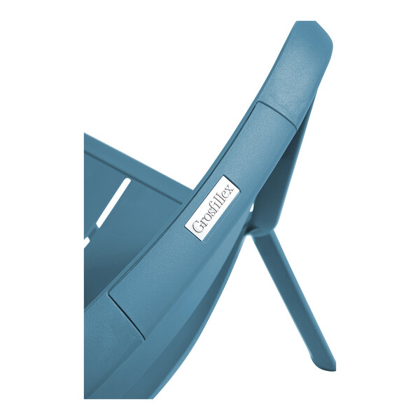 A close-up of a blue Grosfillex Cannes resin sidechair with a white logo.