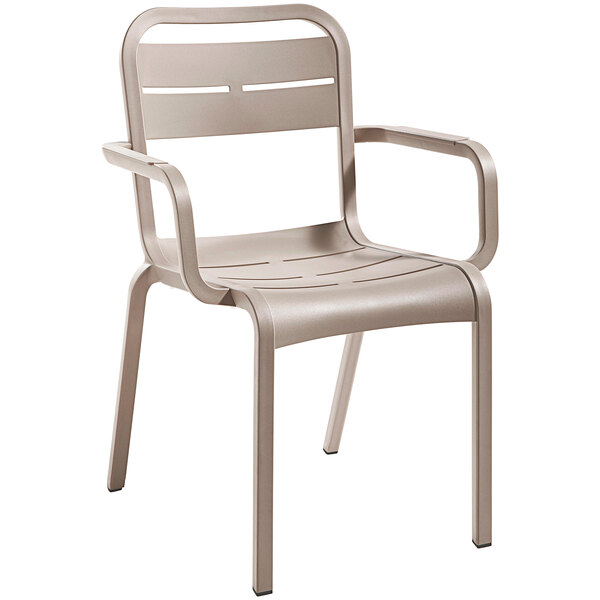 A taupe plastic outdoor armchair with armrests.