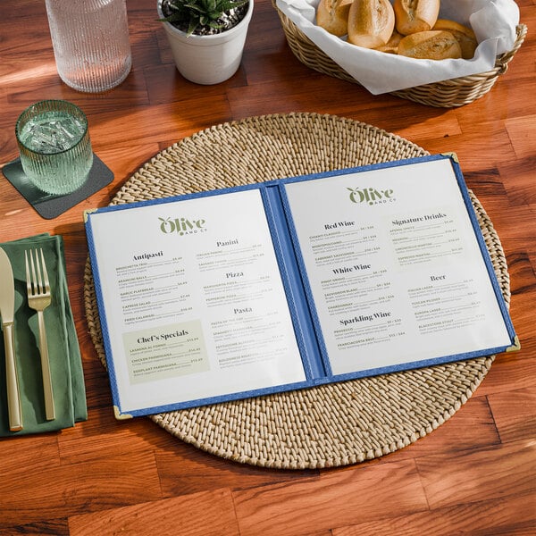 Choice 8 1/2" x 11" Blue 4-View Double Pocket Menu Cover