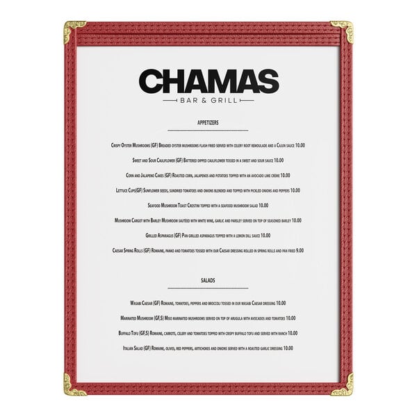 A burgundy 8 1/2" x 11" single pocket menu cover with gold corner protectors displaying a restaurant menu.