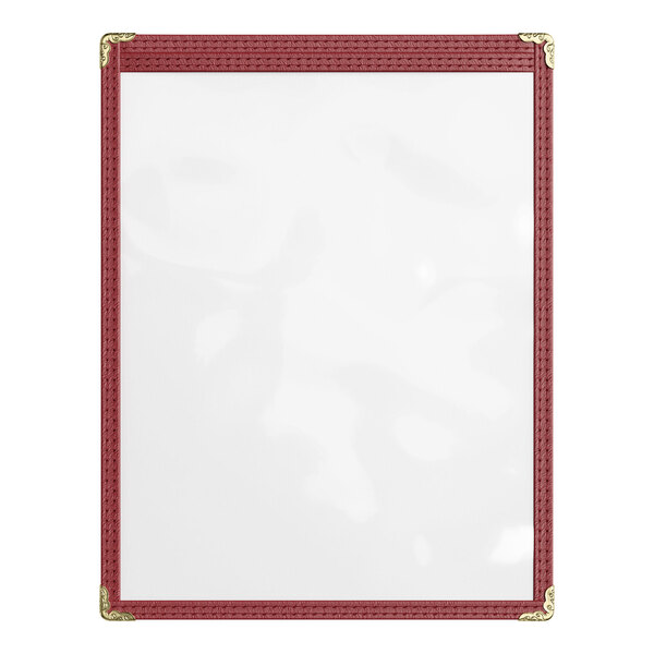A burgundy 8.5 x 11 inch menu cover with a single pocket and gold corner accents.
