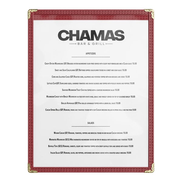 A burgundy 8 1/2" x 11" menu cover with gold corner protectors displaying a restaurant menu.