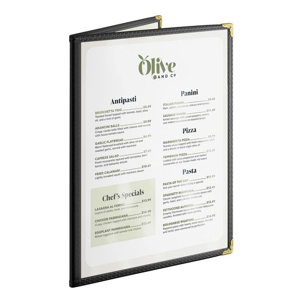 A black double pocket menu cover with gold corner protectors displaying a restaurant menu.