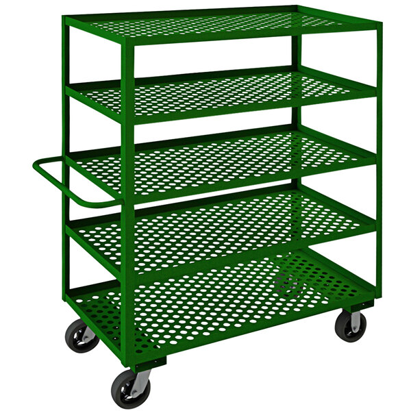 A green metal Durham Mfg maintenance cart with 5 perforated shelves on wheels.