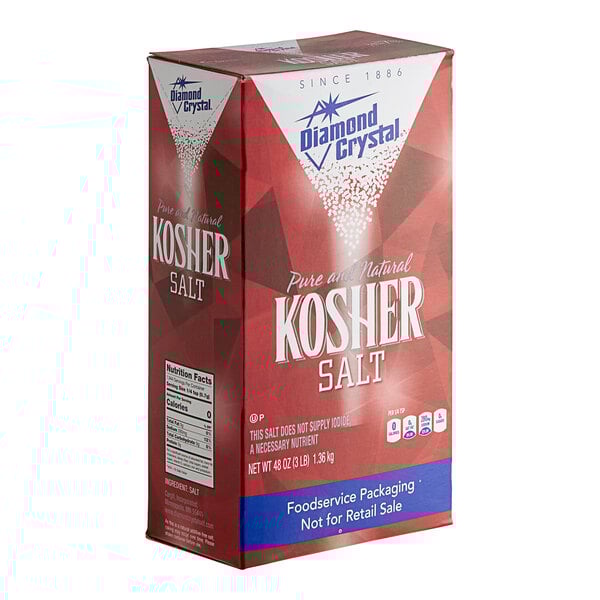 A red and white box of Diamond Crystal Kosher Salt.