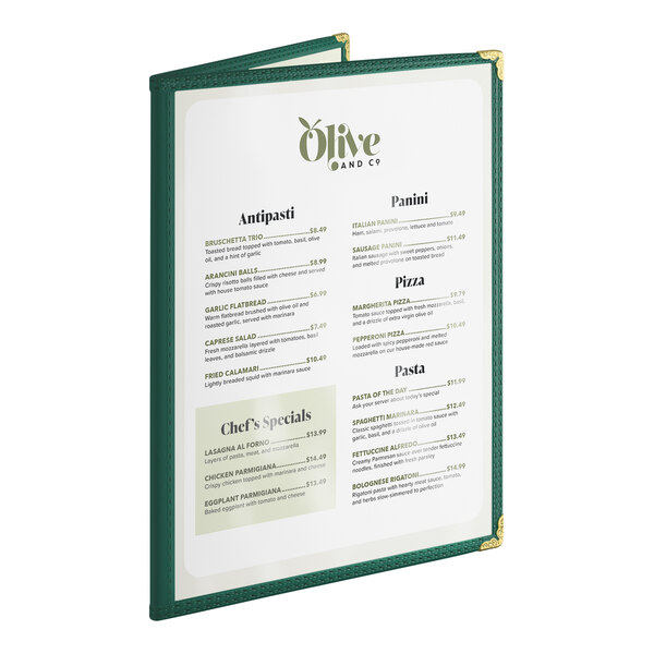 Choice 8 1/2" x 11" Green 4-View Double Pocket Menu Cover