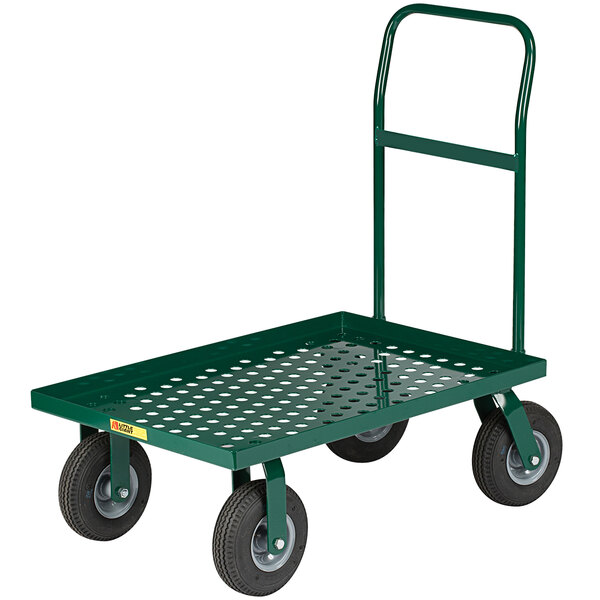 A green Little Giant platform truck with black pneumatic wheels.