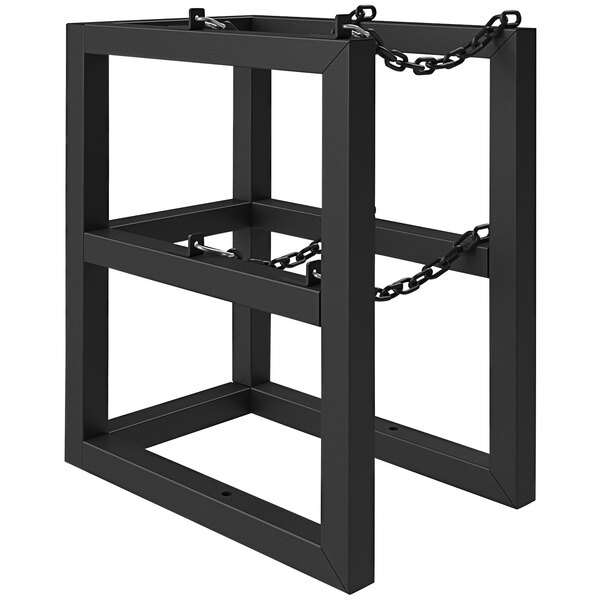 A black metal Durham Manufacturing gas cylinder rack with chains.