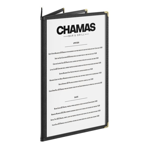 A black four-pocket menu cover displaying a restaurant menu.