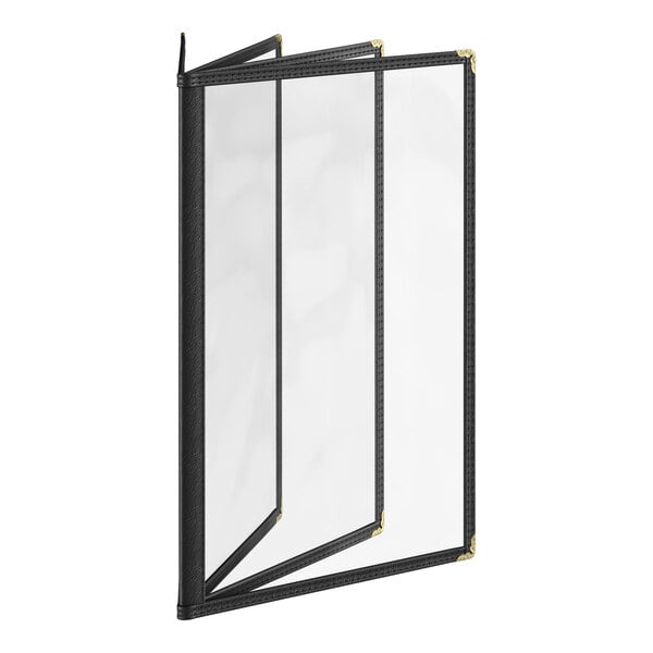 A black 8-view four pocket menu cover with clear panels and gold corner accents.