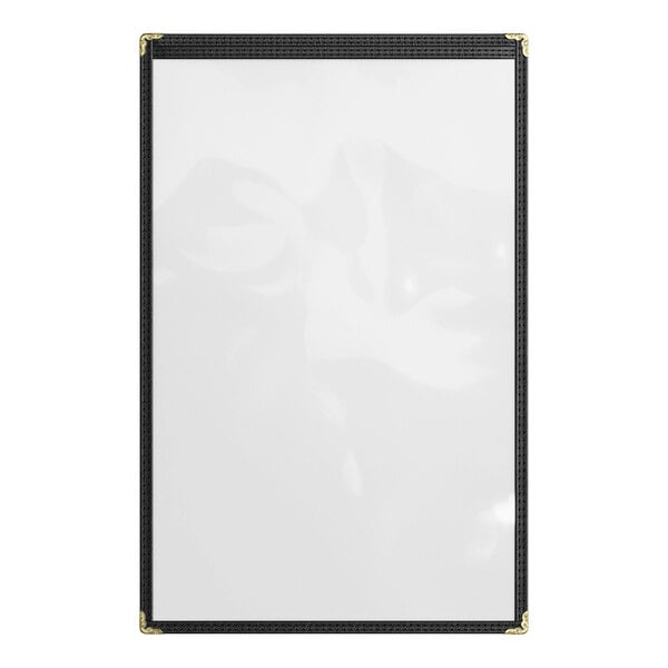 A black 11" x 17" single pocket menu cover with gold corner accents and a clear viewing window.