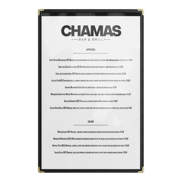 A black 2-view single pocket menu cover displaying a restaurant menu.