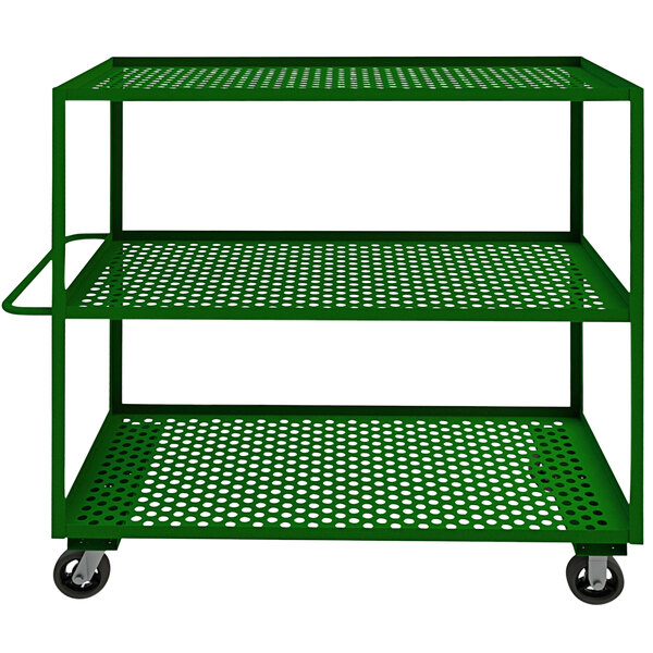 A green metal Durham garden cart with three perforated shelves and wheels.