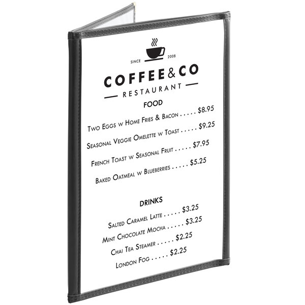 A black Choice trifold menu cover with three pockets for six views.