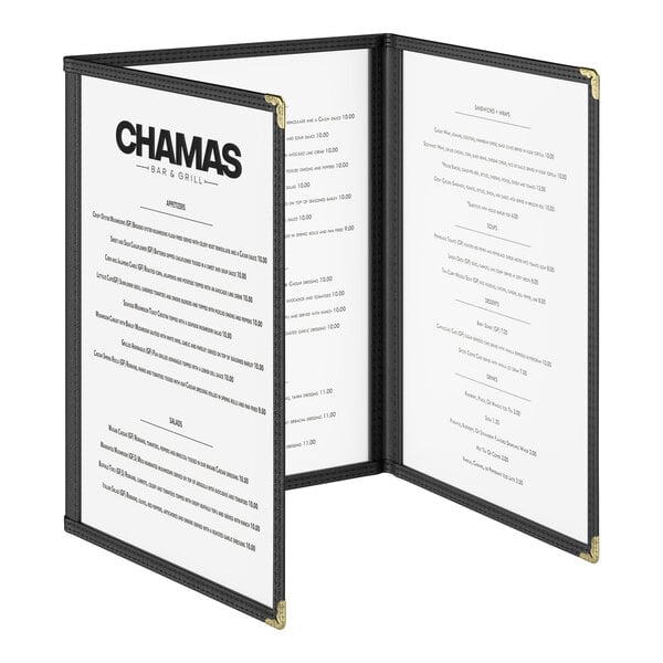 Choice 8 1/2" x 11" Black 6-View Trifold Three Pocket Menu Cover