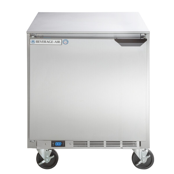 A silver Beverage-Air undercounter freezer with wheels.
