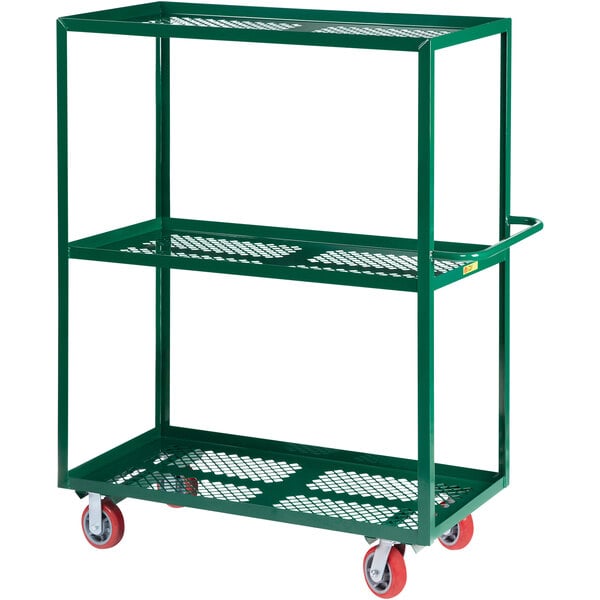 A green metal Little Giant 3-shelf garden cart with wheels.