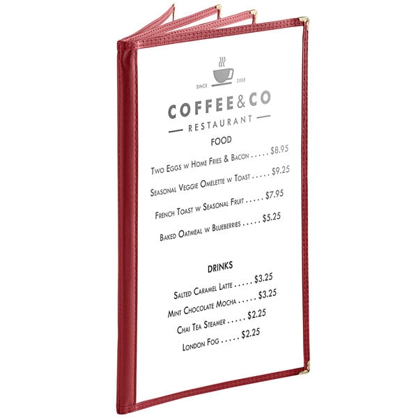 A burgundy menu cover with 8 views for an 8 1/2" x 14" menu.