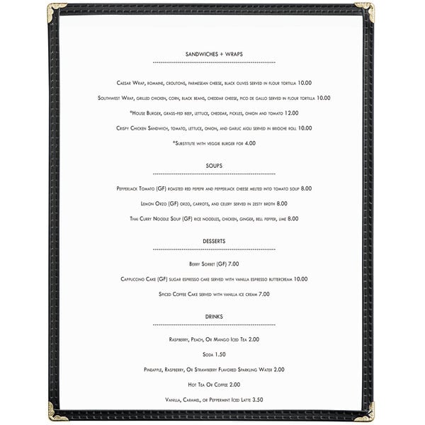 A black Choice menu cover for an 8 1/2" x 11" menu with 2 views.