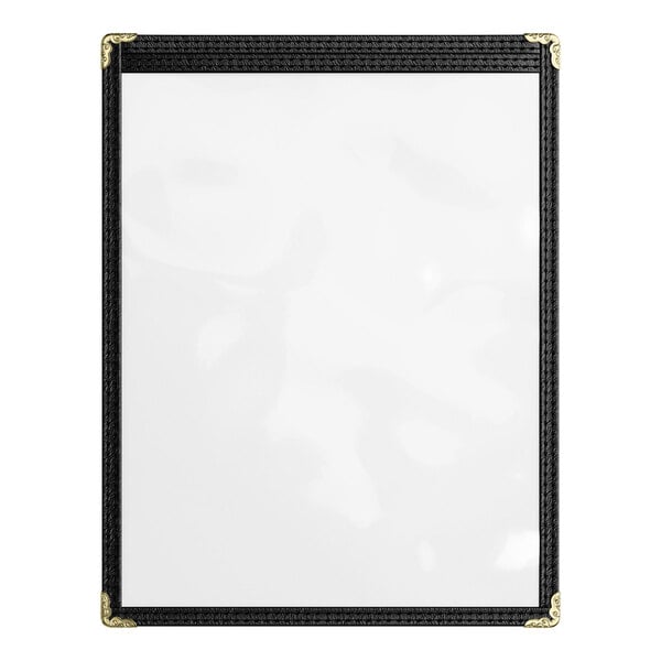A black 8.5 x 11 inch menu cover with gold corner accents and a single clear pocket.