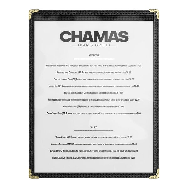 A black 8 1/2" x 11" single pocket menu cover with gold corner protectors displaying a restaurant menu.