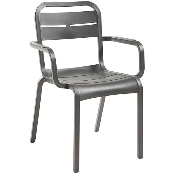 A gray Grosfillex resin outdoor armchair with a metal frame.