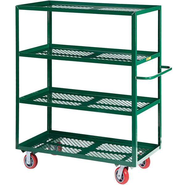 A Little Giant green metal garden cart with perforated shelves and green wheels.