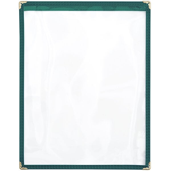 A green menu cover with a clear plastic frame and gold trim.