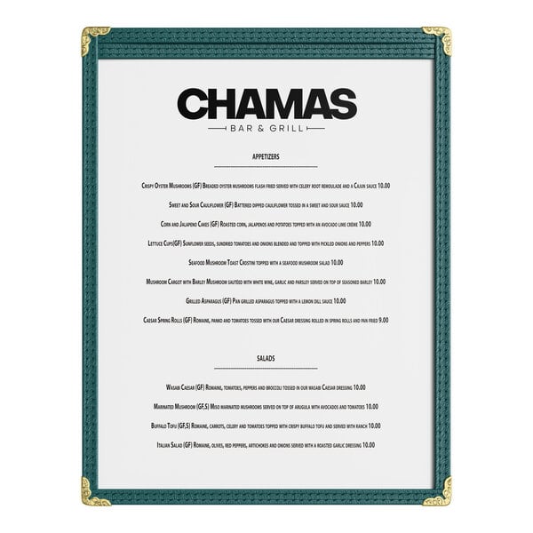A green 8 1/2" x 11" single pocket menu cover with gold corner protectors displaying a restaurant menu.