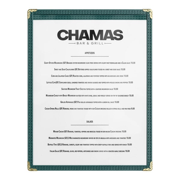 Choice 8 1/2" x 11" Green 2-View Single Pocket Menu Cover