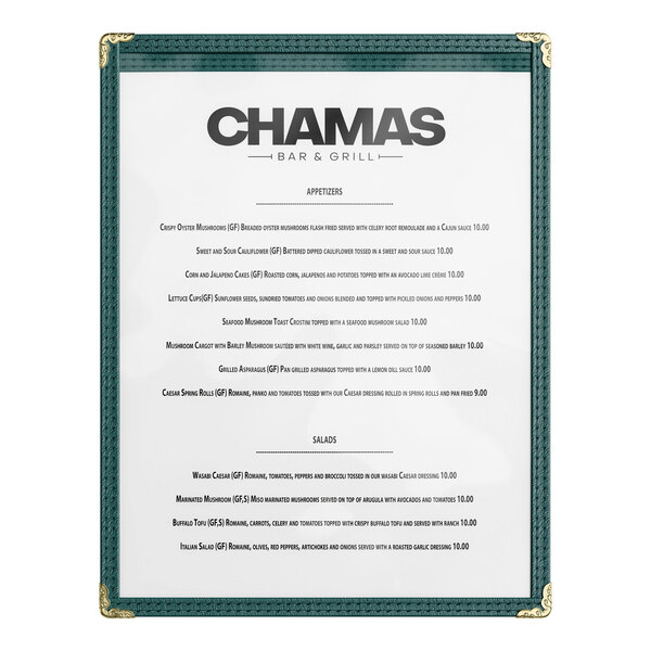 A green 8 1/2" x 11" two-view single pocket menu cover with gold corner protectors.