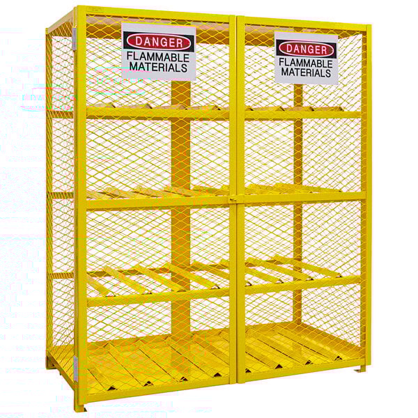 A yellow Durham Mfg gas cylinder safety cabinet with self-closing doors.