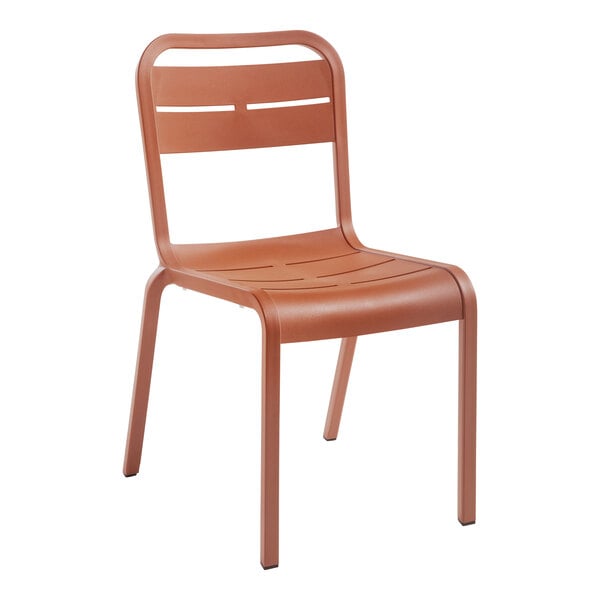 A brown resin Grosfillex outdoor sidechair with a white background.