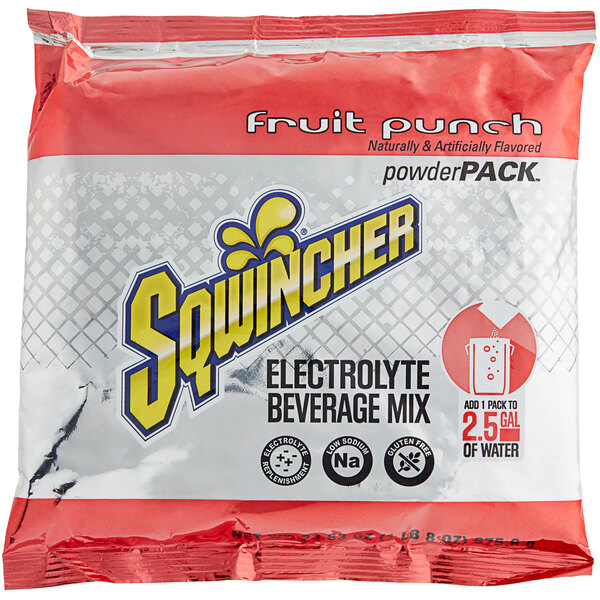 A red and white package of Sqwincher Fruit Punch Electrolyte Drink Mix.
