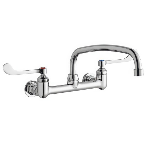 A Zurn Elkay chrome wall-mounted faucet with two wristblade handles and an arc tube swing spout.